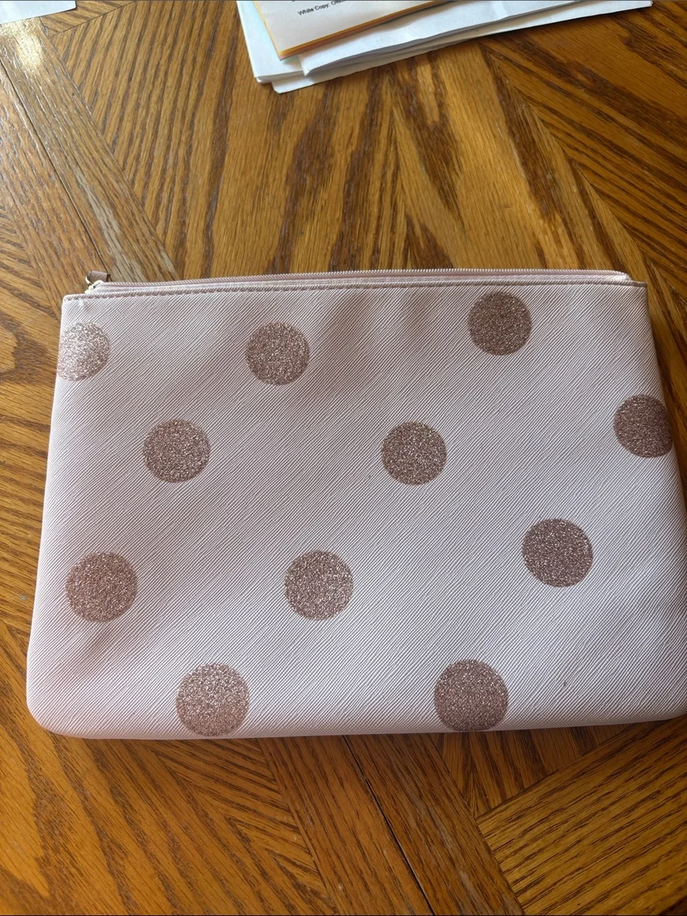 kate spade Pale Pink Cosmetic Pouch with Rose Gold Polka Dots